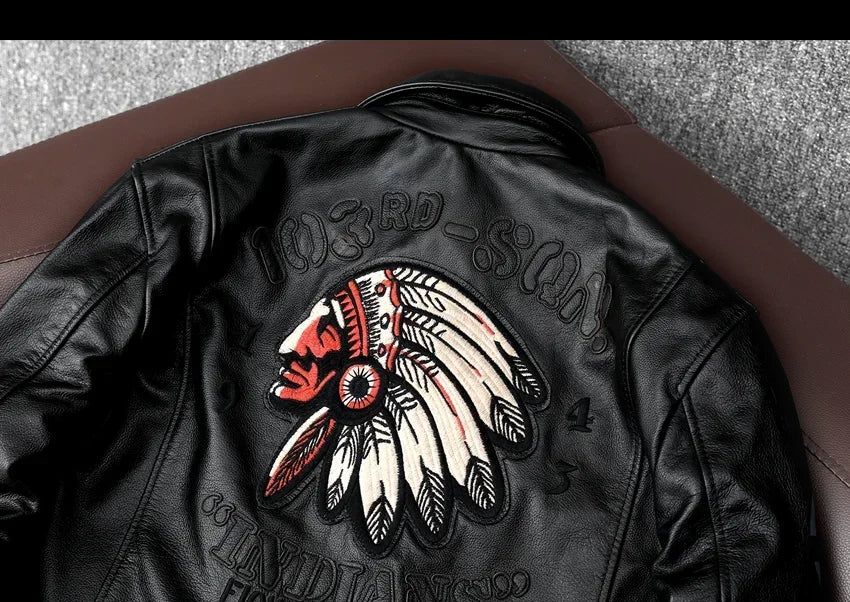 New Indian Embroidery Flying Suit Natural Genuine Leather Coat Men's Cowhide Leather Motorcycle Jackets Slim Fashion Clothing